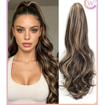WIGGAGA 20英寸夏季度假风假发，卷曲马尾夹式合成接发，自然波浪马尾发饰，适合女性日常佩戴