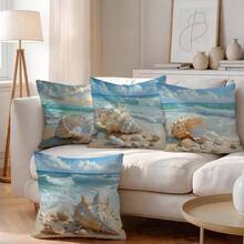 4 buah Sarung Bantal Motif Ombak Laut & Kerang, Sarung Bantal Cetak Satu Sisi, Cocok untuk Ruang Tamu, Kamar Tidur, Dekorasi Rumah, Semua Musim - MultiWarna - View 5