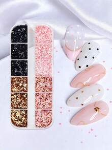 12 Pcs Mixed Color Nail Sequins Set - Mini Heart, Star, Dot Glitters In Black, Pink, Gold, Sweet & Cool Style DIY Nail Art Decorations - Multicolor - View 3
