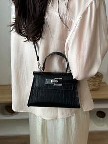 2026 New Arrival Crocodile Embossed Small Square Handbag, Fashionable Lock Closure Crossbody Bag For Women - Black - View 5