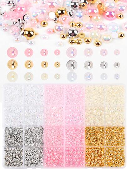 Bộ dụng cụ trang trí móng tay gồm 24 hạt ngọc trai phẳng nhiều màu AB, kích thước 3mm/4mm/5mm/6mm, kèm bút gắp và nhíp.
