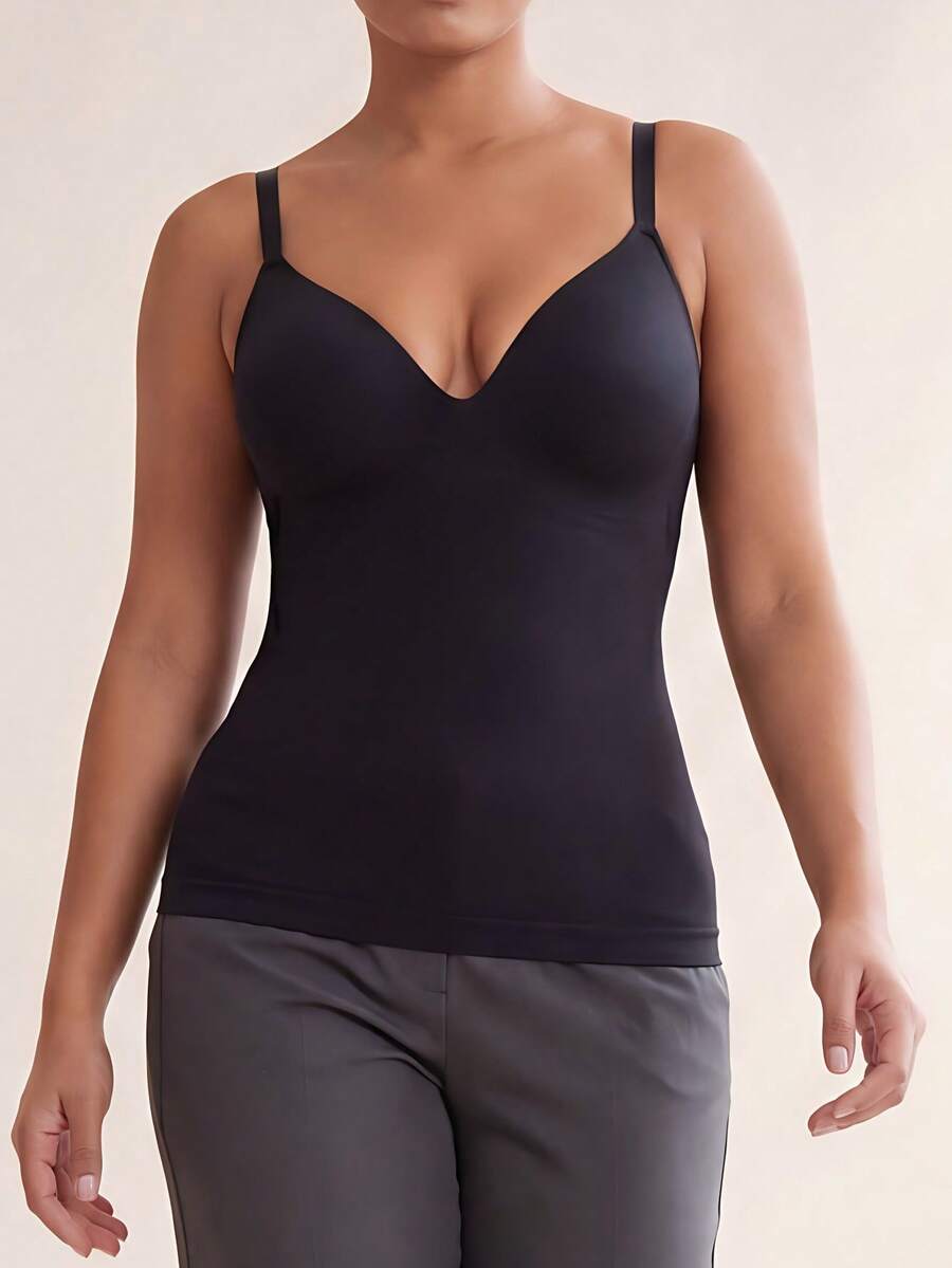 Women's Adjustable Strap Seamless Cami Waist Trainer Shapewear, Padded Cups Tummy Control No-Bra Camisole,Slim Fit - Black - View 1