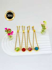 Pulsera ajustable de acero inoxidable con piedra de ojo de gato verde menta, joyería de lujo chapada en oro de 18K para el día a día - Dorado - Ver 4