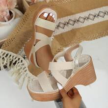 Women's Snake Skin Print Elastic Criss-Cross Slip-On Casual Platform Sandals - Beige - View 2