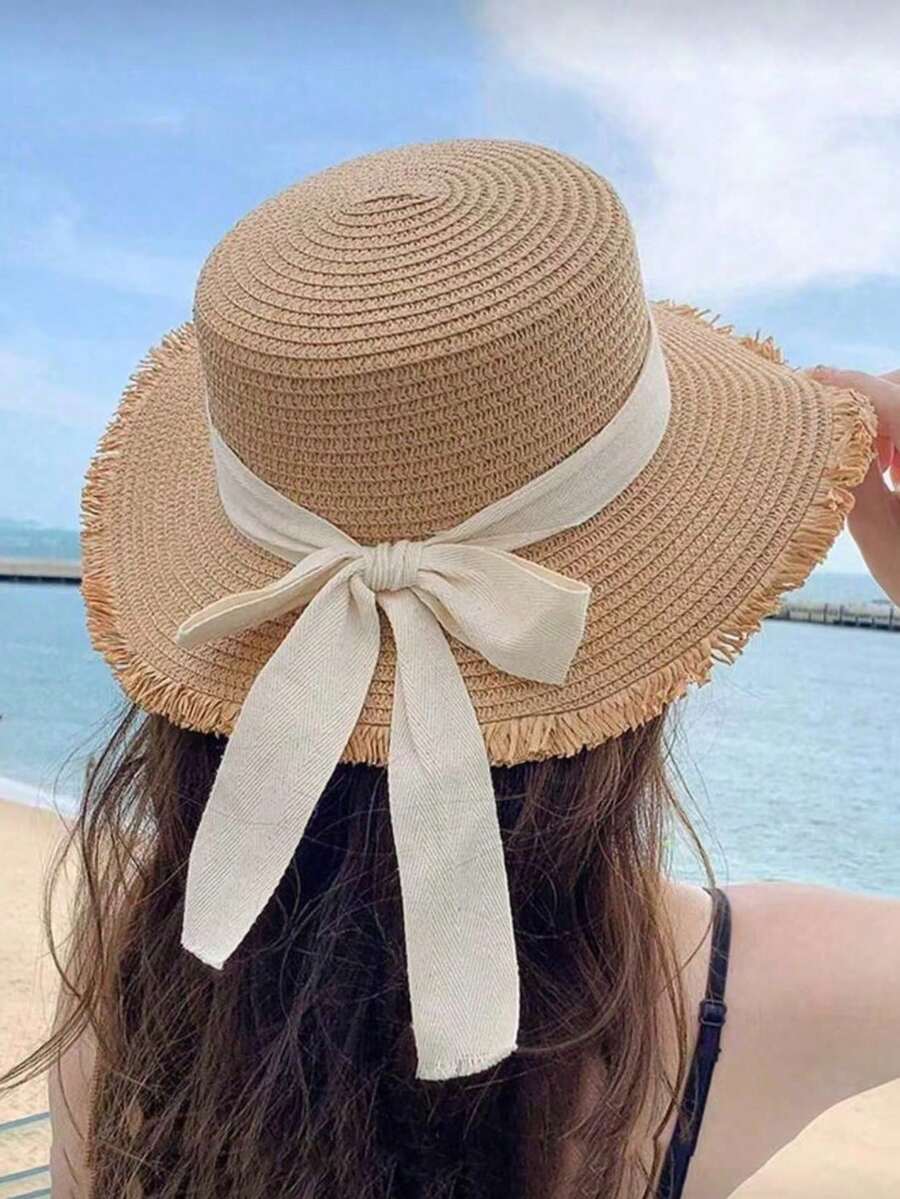 1 pièce Chapeau de paille, chapeau de plage avec nœud papillon, chapeau de soleil à large bord, chapeau de pêcheur en paille à bord épais, chapeau de voyage d'été, chapeau de plage anti-UV, chapeau de vacances pliable, casquette décontractée pour l'extérieur, accessoire de voyage pour les vacances, convient pour les vacances à la plage d'été, les fêtes de remise des diplômes, le camping à la plage et autres occasions extérieures quotidiennes - Multicolore - Voir 1
