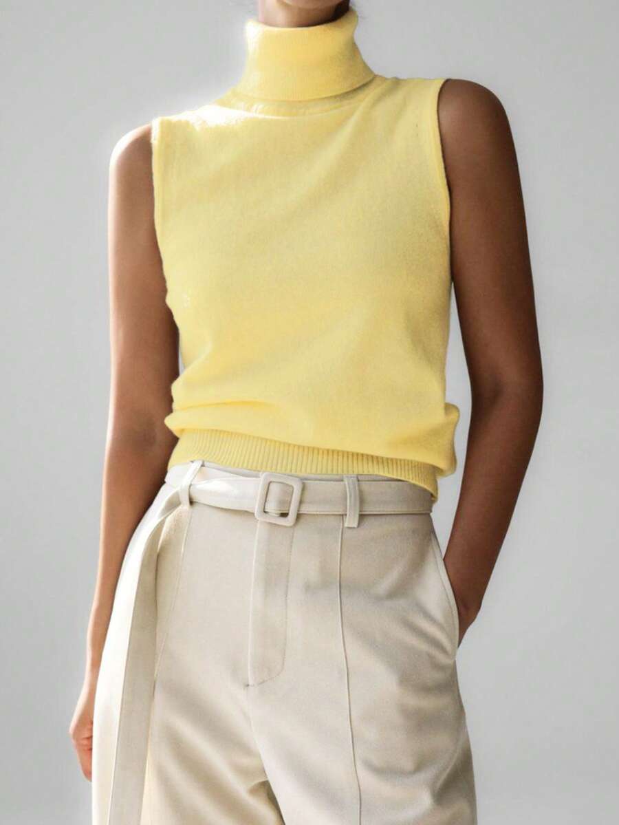 Top de punto sin mangas de estilo europeo y americano - Amarillo - Ver 1