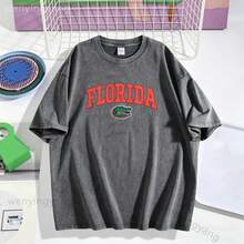 2026 Summer New Printed Short Sleeve Top, Vintage Florida State Gators T-Shirt, Solid Color New Arrival, All Sizes Available, Popular Comfortable Retro Heavyweight Cotton Washed Short Sleeve T-Shirt Top - L91 - Màu xám 2 - Xem 15