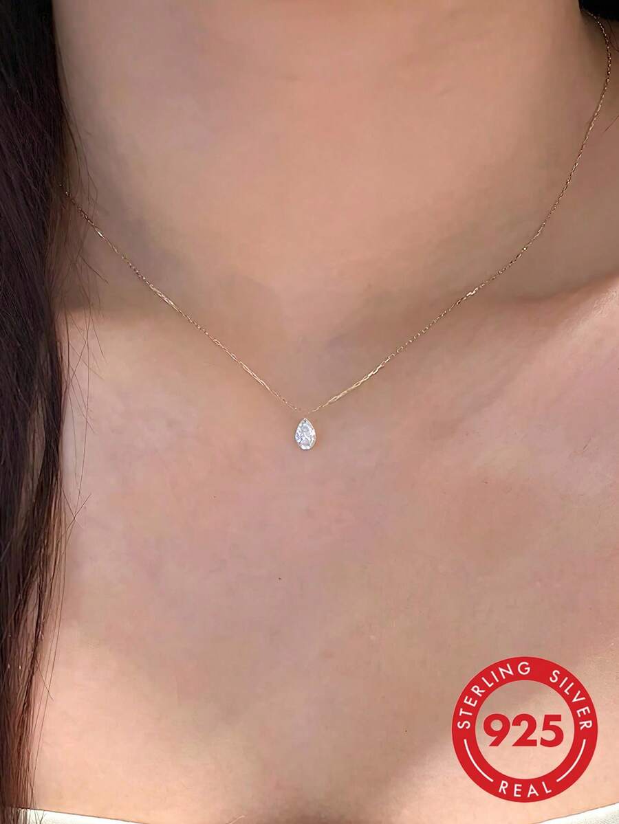 1 pieza Elegante collar con colgante de lágrima de circonita de plata de ley 925, cadena ligera para la clavícula, versátil para el uso diario, gran regalo