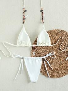 Bộ bikini nữ màu trắng họa tiết vỏ sò, kiểu dáng thanh lịch, thoải mái, co giãn tốt, chất liệu mềm mại, thích hợp cho mùa hè, kỳ nghỉ của phụ nữ, du lịch biển, các bữa tiệc, hoạt động bên bờ biển, cũng như những ngày đi biển và hồ bơi thời trang. - Màu be - Xem 3