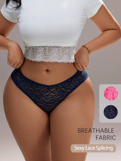 2pcs/Set Plus Size Women Sexy Lace Bikini Panties, V-Shape Waistline Seamless Hollow Out Solid Color Fashion Sports Underwear