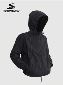 1 pieza Chaqueta con capucha ligera negra para hombres, diseño minimalista todo negro, estilo deportivo de novio, adecuada para senderismo, camping, pesca, uso diario casual - Negro - Ver 4