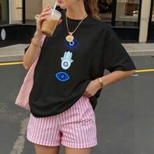 Camiseta Negra con Estampado de Ojo y Mano Hamsa para Mujer Verano Casual - Negro - Ver 3