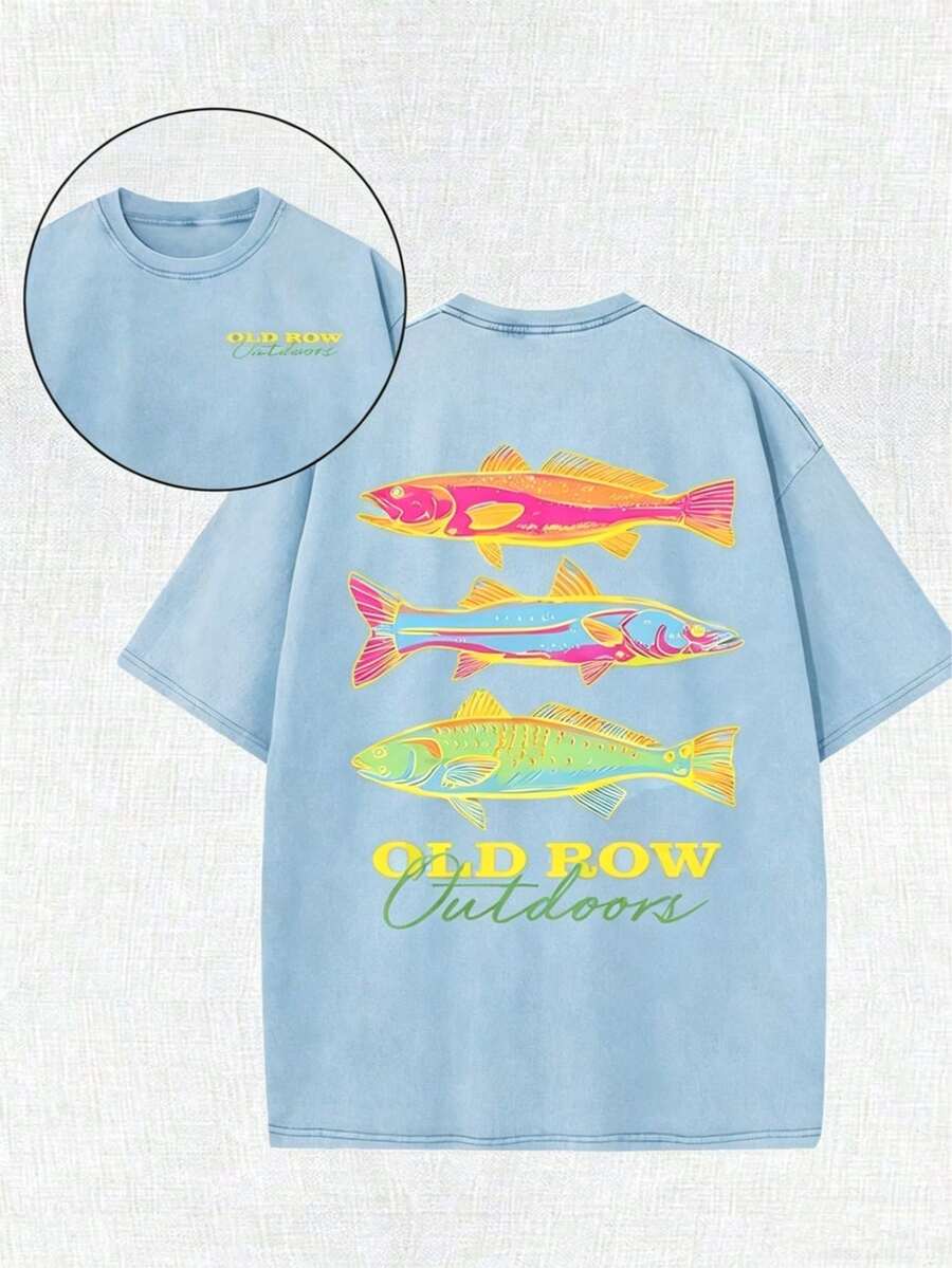 Men's Casual Summer Washed Cotton T-Shirt [Old Row Outdoor] Fish Print, Round Neck, Short Sleeves, Lightweight Cotton Knitted Fabric, Casual Summer Ro - 天藍色 - 查看 1