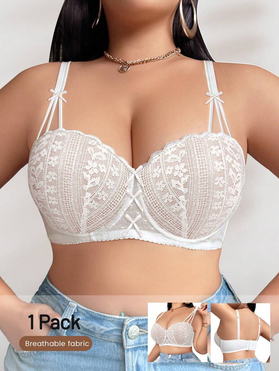 Plus Size Women Lace Patchwork Underwire Bra, Supportive & Breathable, Lift - White - View 1