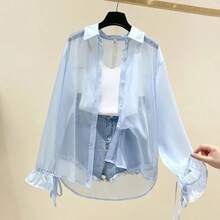 Smvp Chiffon Blouses For Women Summer Thin Loose Button-Up Sunscreen Shirt Woman Korean Fashion Bow Lace-Up Long Sleeve Shirts - Pink - View 9