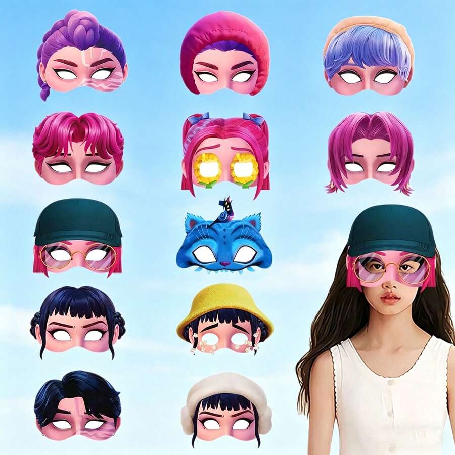 12 chiếc mặt nạ giấy nửa mặt hóa trang thần tượng K-Pop, đạo cụ chụp ảnh dự tiệc, đồ dùng cho tiệc sinh nhật người hâm mộ (Kiểu ngẫu nhiên) - Nhiều màu - Xem 1