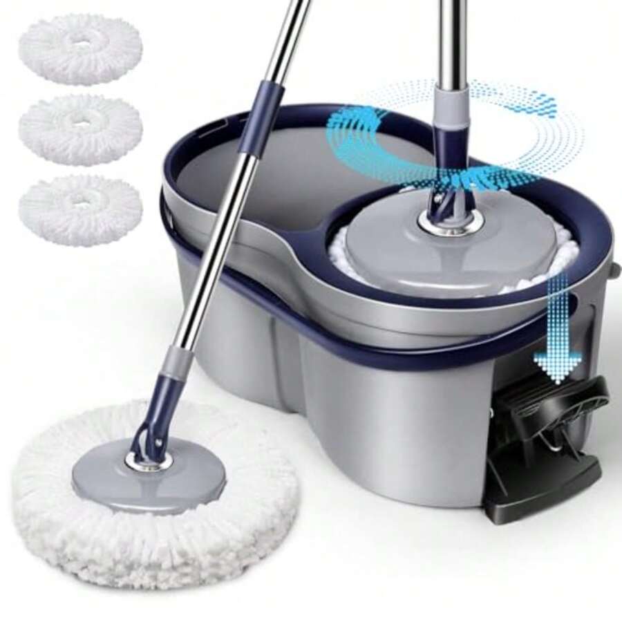 Spin Mop And Bucket Set EasyWring Microfiber Spin Mop With 3 Mop Pads Pedal Spinning Mops And Bucket With Wringer Set For Floor Cleaning - Home And Office Suitable - Dark Blue - View 1