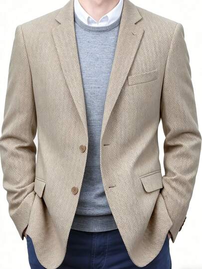WindsorQuad Bộ vest nam Furuyal vải tweed xương cá, áo vest đơn, bộ vest nam thanh lịch, màu trơn, kiểu dáng ôm sát, vest công sở một hàng khuy, vest cưới, vest dự tiệc màu sâm panh cổ điển, cỡ XS-XXXL