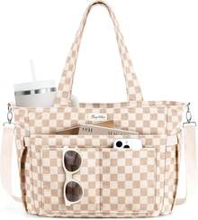 2026hot SeIIing Bagstellar Corduroy Tote Bag For Women, 17 Pockets Laptop Work Tote Bag Lightweight Teacher Nurse Bible Bag For School Travel |   With 40oz Cup Holder, Multi Compartment, Zipper Crossbody Bag, College Shoulder Bag, Daily Purse W/ Strap, Ideal Gift For Women - Màu be kẻ caro - Xem 2