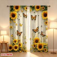 2 Piezas de Juego de Cortinas Semitransparentes de Bolsillo para Varilla de Poliéster con Patrones Florales de Girasoles y Mariposas, Adecuadas para la Decoración del Hogar Moderno en Salas de Estar, Dormitorios, Cocinas, Cortinas Fáciles de Cuidar, Cortinas de Poliéster Lavables a Máquina - Multicolor - Ver 1