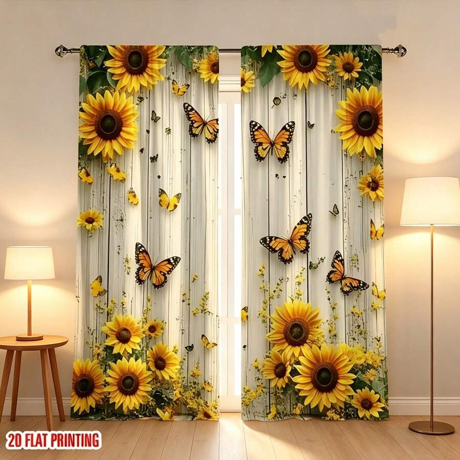 2 Piezas de Juego de Cortinas Semitransparentes de Bolsillo para Varilla de Poliéster con Patrones Florales de Girasoles y Mariposas, Adecuadas para la Decoración del Hogar Moderno en Salas de Estar, Dormitorios, Cocinas, Cortinas Fáciles de Cuidar, Cortinas de Poliéster Lavables a Máquina - Multicolor - Ver 1