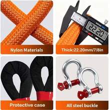 Heavy-Duty Tow Rope, 4.5 Meters/20 Tons (44,000 Lbs) High-Strength Nylon Dynamic Recovery Rope With Bow Buckle And Storage Bag, Suitable For Truck, SUV, And UTVATV Emergency Rescue. - A - 查看 3