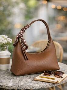 [Delivery Within 2-7 Days In The United States] Textured Brown PU Leather Hobo Bag With Scarf Decor Handle Zipper Versatile Shoulder Handbag For Women Casual Daily Commuter Fashion Purse - Brown - View 2