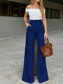 New Women's Commuting Casual Versatile Solid Color Elegant High Waist Wide Leg Pants, Daily Wear Spring - Blue - View 4