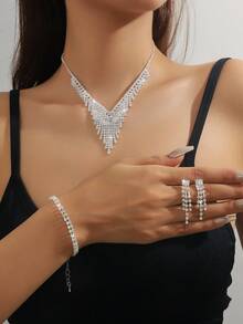 4 piezas Conjunto de collar, aretes y pulsera con incrustaciones de rhinestone de lujo, versátil para uso diario, campus, boda, fiesta, San Valentín y regalos festivos para mujeres - Exquisito conjunto de joyas - Ver 9