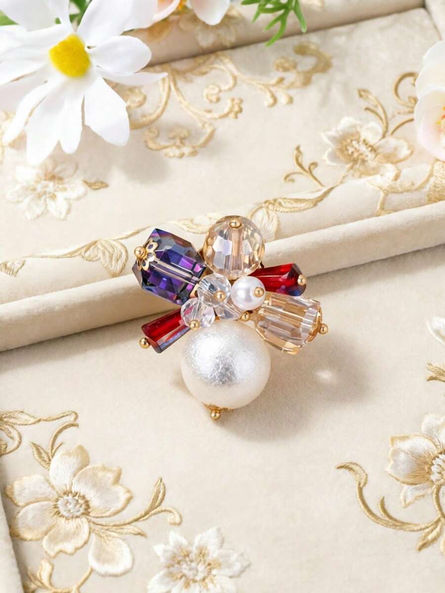 1 chiếc nhẫn hoa pha lê và ngọc trai giả cao cấp, có thể điều chỉnh kích thước, phù hợp cho nữ giới đeo hàng ngày, dự tiệc, sinh nhật, kỷ niệm. - nhẫn - Xem 1