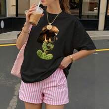 Camiseta negra con estampado de águila y cactus para mujer estilo casual verano - Negro - Ver 3