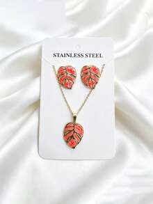 一套浸油叶子造型不锈钢项链和耳环，优雅高贵，适合日常佩戴，母亲节礼物 - 樹葉 - 查看 10