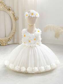 Baby Girl White Sunflower Floral Princess Dress Cake Skirt Dress With Headpiece, Suitable For Children's Birthday, Flower Girl, Wedding, Toddler Graduation, Important Occasions And Festivals - White - View 4