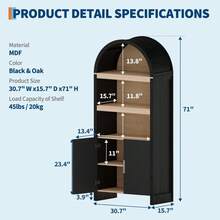 Estante arqueado, estantería alta de 71" con puertas de almacenamiento de mediados del siglo, moderno gabinete de la despensa de la cocina de madera con estantes ajustables para la sala de estar - Negro - Ver 2