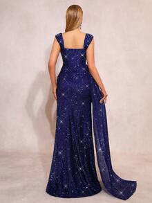 Nuevo vestido elegante con escote cuadrado, abertura, cremallera, encaje y detalles de perlas y brillo, adecuado para fiestas, bodas y ocasiones formales - azul real - Ver 9