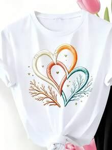 Women's Casual Round Neck Short Sleeve T-Shirt Featuring A Coral Heart Design, Perfect For Spring And Summer. This Casual And Friendly Style Top Is Breathable And Ideal For The Beach, Office, Or Everyday Wear. - White - View 9