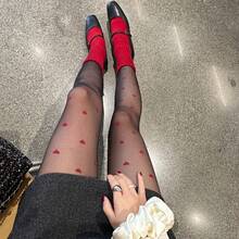 1 Pair Of Women's Red Heart-Patterned Jacquard Sheer Tights, Ultra-Thin, High-Elasticity, Breathable Pantyhose, Fashionable And Versatile Transparent Socks, Suitable For Dates And Parties - Black - View 3