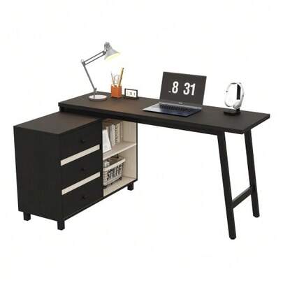 L-Shaped Desk Measuring 150 X 100 X 76 Cm With Three Drawers, Two Open Storage Compartments, Tubular Steel Legs, Large Work Surface, In Black And White.