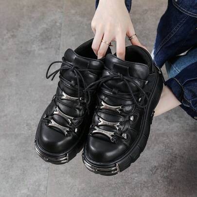 2024 Spring New Women's Shoes Heavy Metal Chunky High-Top Punk Leather Shoes Gothic Dark Motorcycle Boots Wholesale Shoes
