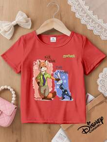 1 Piece Kids Disney T-Shirt, Zootopia Nick And Judy Watercolor Print, Unisex Summer Versatile Short Sleeve Top, Suitable For Daily Wear, Brble And Versatile, Ideal For Spring/Summer, Vacation, Outdoor Activities, Amusement Parks, And Kids' Gifts. - 紅色 - 查看 10