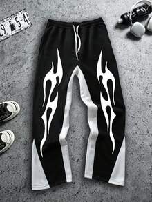 Geometric Flame Pattern Print Color Block Sweatpants For Men, Polyester Drawstring Pants, Black & White Loose Straight Leg Streetwear Trousers - Black - View 1