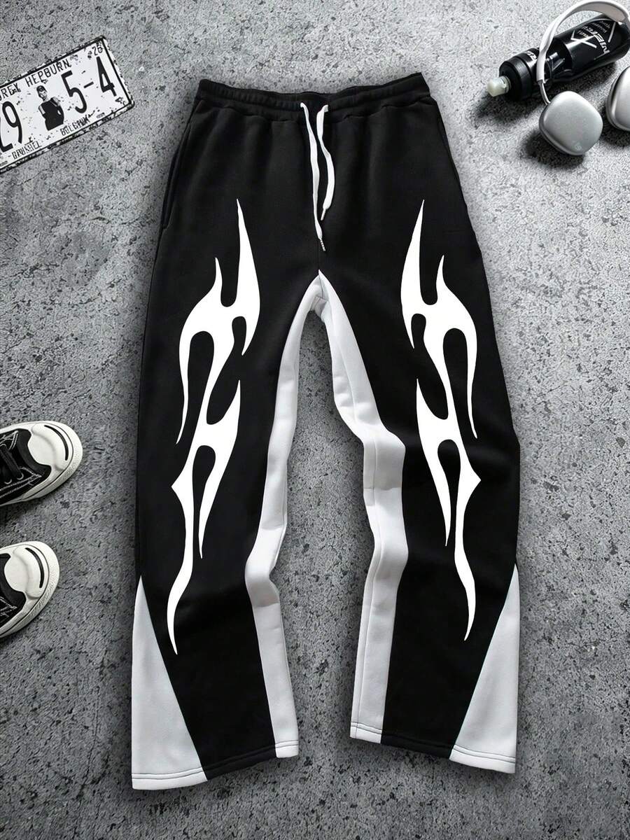 Geometric Flame Pattern Print Color Block Sweatpants For Men, Polyester Drawstring Pants, Black & White Loose Straight Leg Streetwear Trousers - Black - View 1