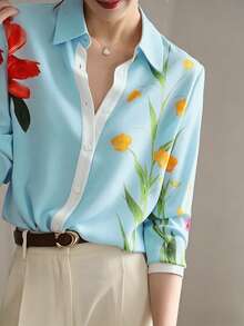 Women's Floral & Leaf Print Contrast Color Button-Front Casual/Office/Commute Shirt - Light Wash - View 3