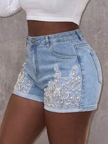 Sequin Embroidered Denim Shorts, Sexy Tight Stretch Shorts For Women Casual Summer - Light Wash - View 1