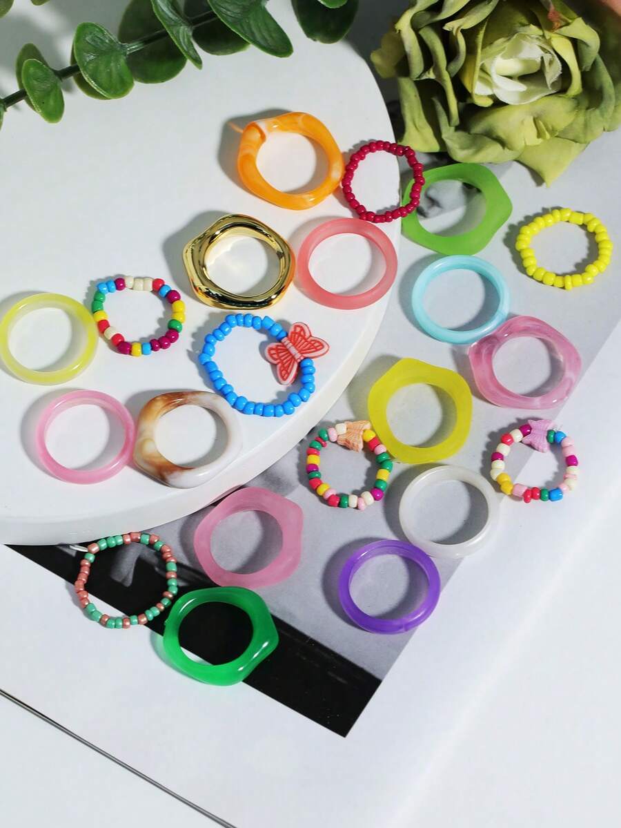 21pcs Random Color Butterfly Decor Beaded Ring - Multicolor - View 1