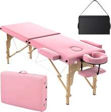 OmySalon Portable 2-Fold Massage Table, 84"X24" Height Adjustable Tattoo Lash Bed With Face Cradle & Carrying Bag, Wooden Frame, Pink - Pink - View 1