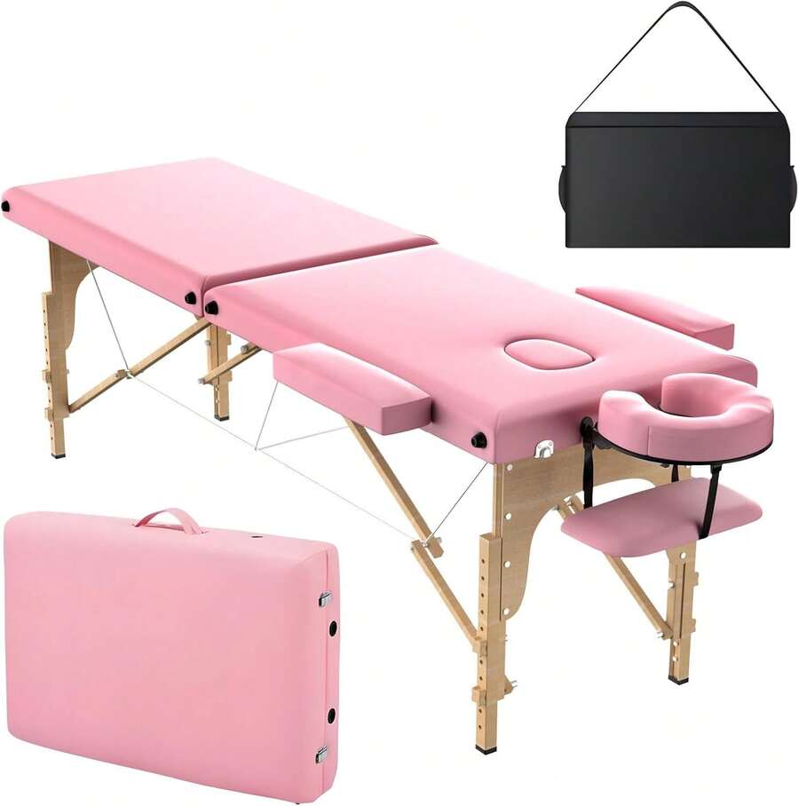 OmySalon Portable 2-Fold Massage Table, 84"X24" Height Adjustable Tattoo Lash Bed With Face Cradle & Carrying Bag, Wooden Frame, Pink - Pink - View 1