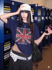 女款夏季新款休閒印花圓領短袖T恤 - 深藍 - 查看 1