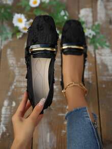 Women's Pink Lace Flower Square Toe Flat Shoes, Breathable Mesh Loafers For Spring And Summer - Black - View 4