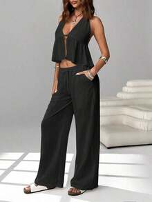 2 piezas Conjunto casual de vacaciones para mujer con top halter sin espalda y pantalones en color caqui tejido - Negro 2 - Ver 4